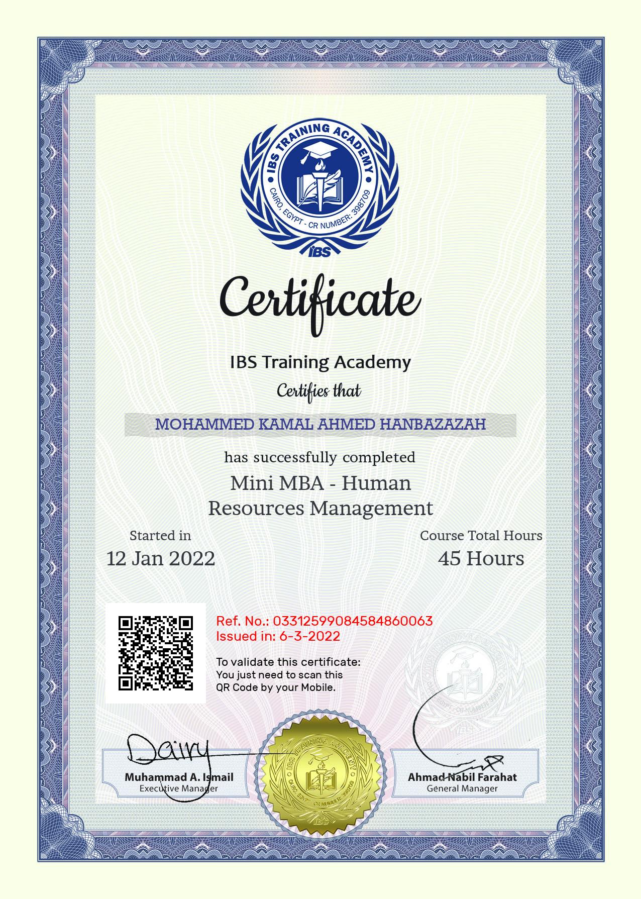 Mohammed Kamal Ahmed Hanbazazah's Certificate