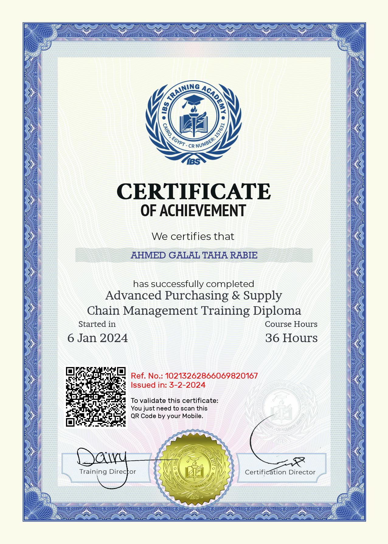 Ahmed Galal Taha Rabie's Certificate