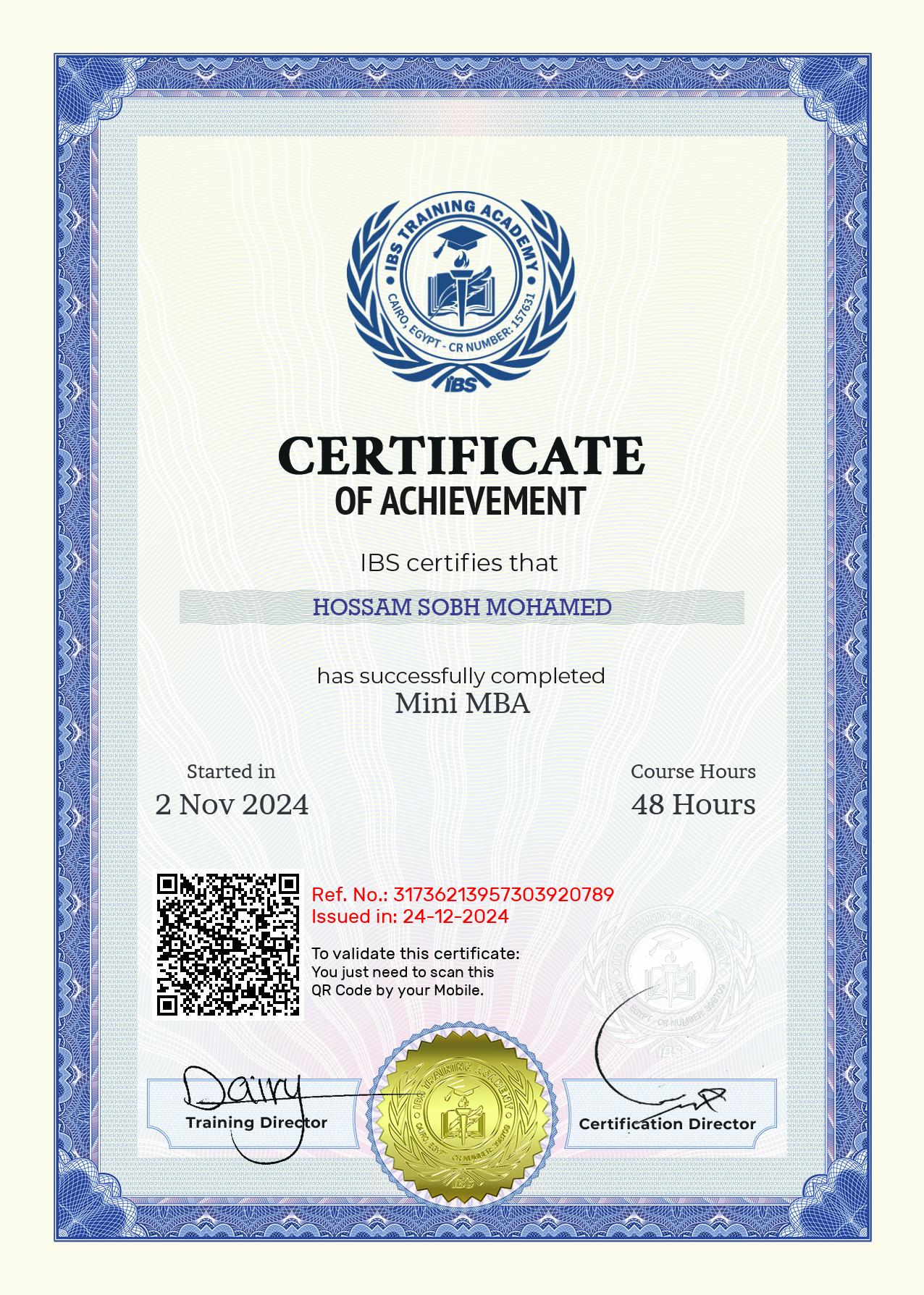 Hossam Sobh Mohamed's Certificate