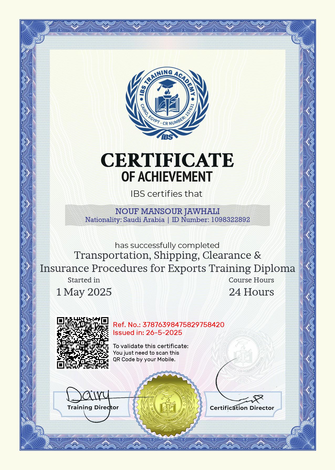 NOUF MANSOUR JAWHALI's Certificate