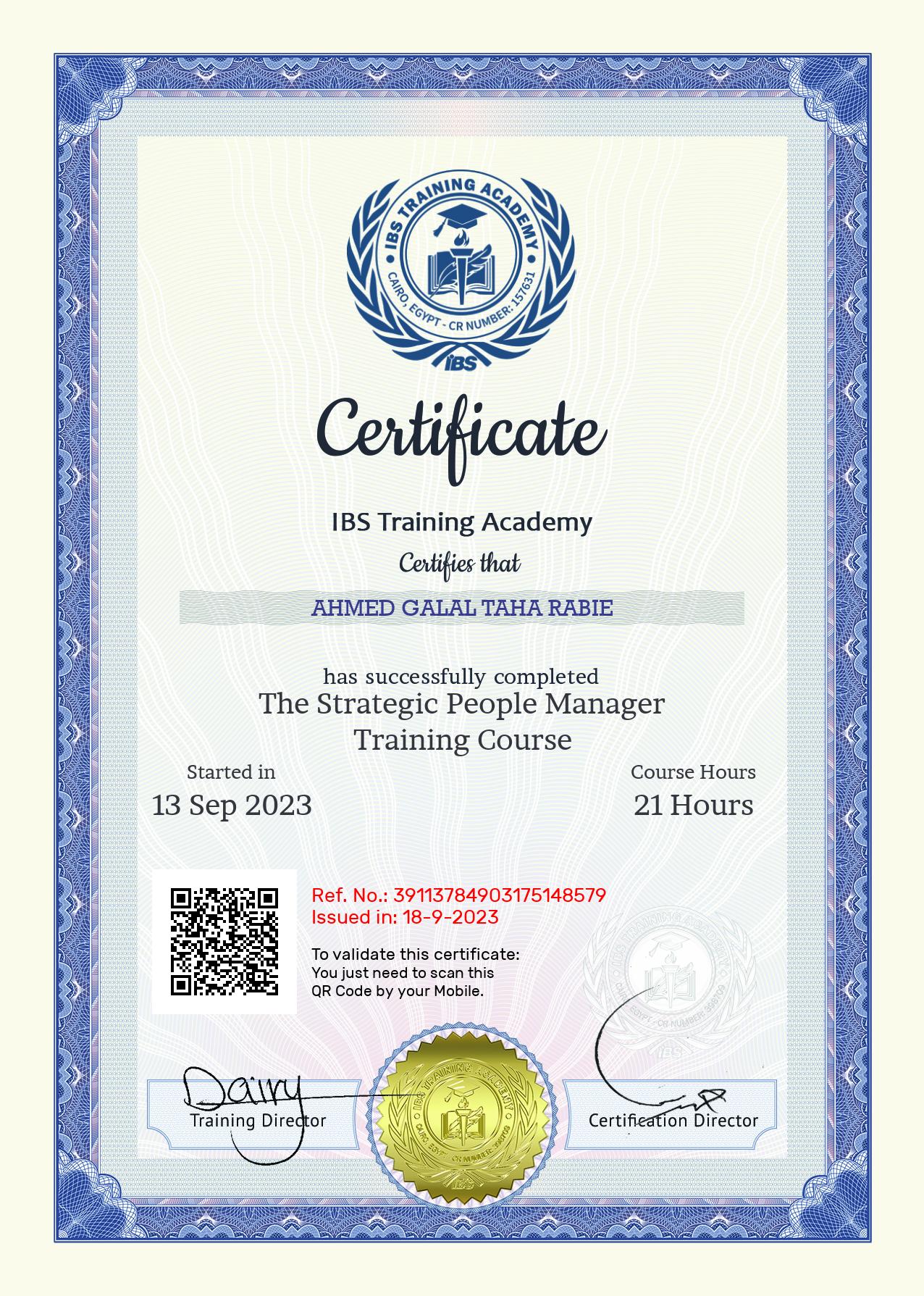 Ahmed Galal Taha Rabie's Certificate