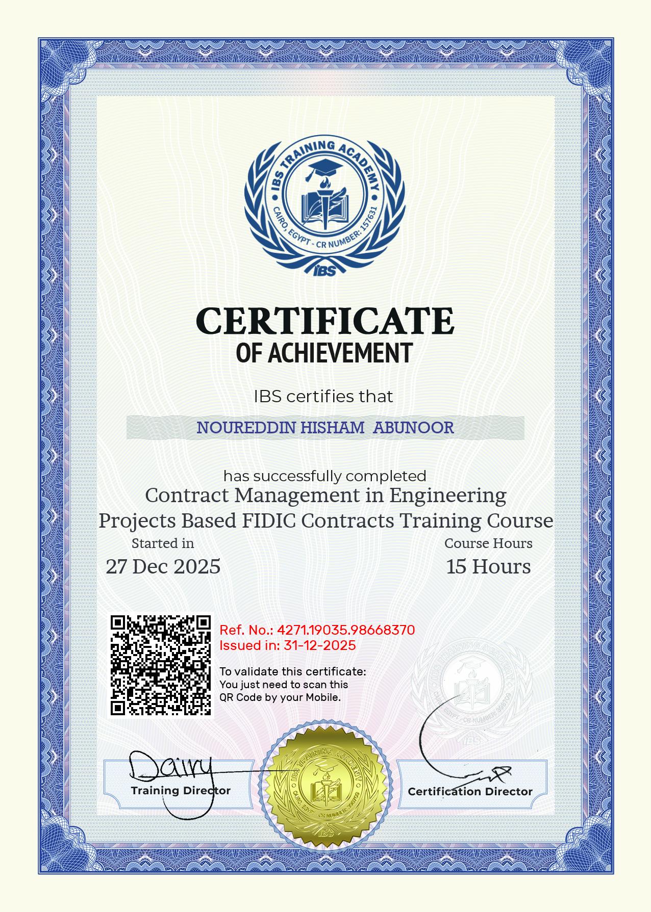 NOUREDDIN HISHAM  ABUNOOR's Certificate