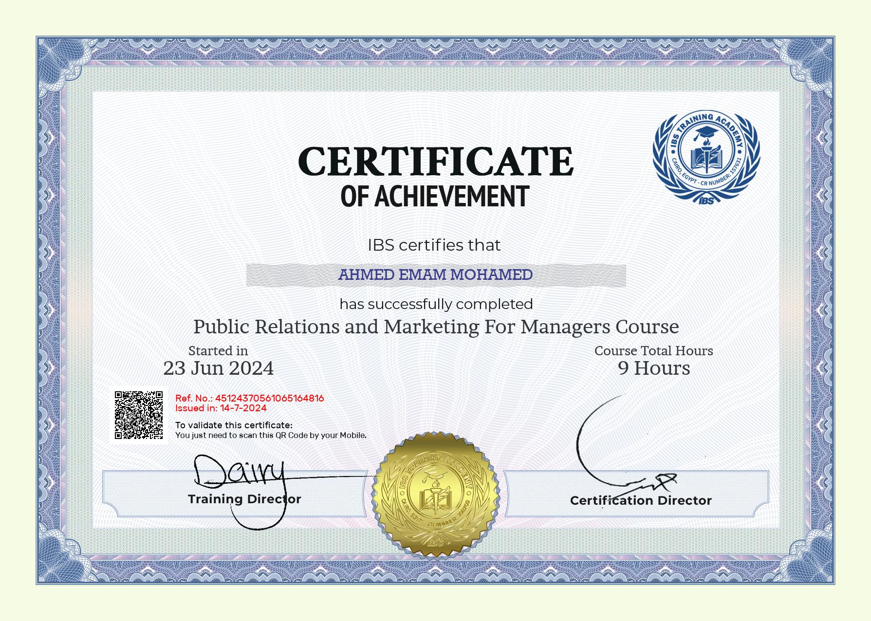 AHMED EMAM MOHAMED's Certificate