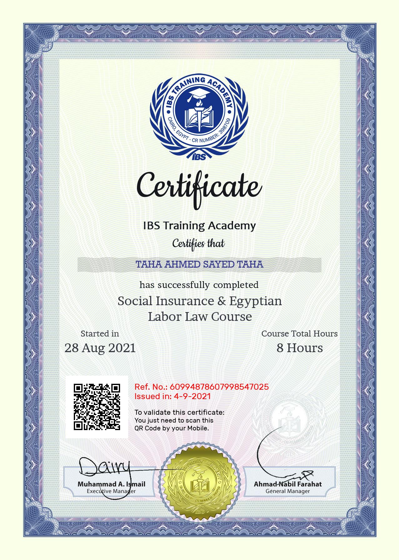 TAHA AHMED SAYED TAHA's Certificate