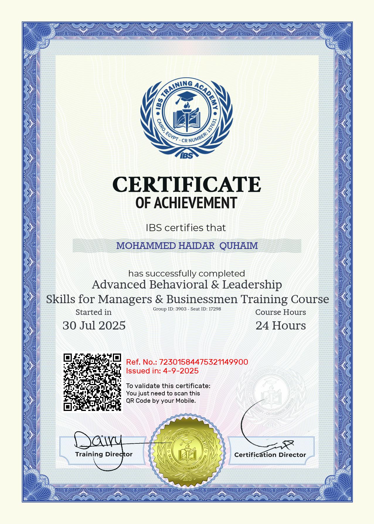 Mohammed Haidar  Quhaim's Certificate