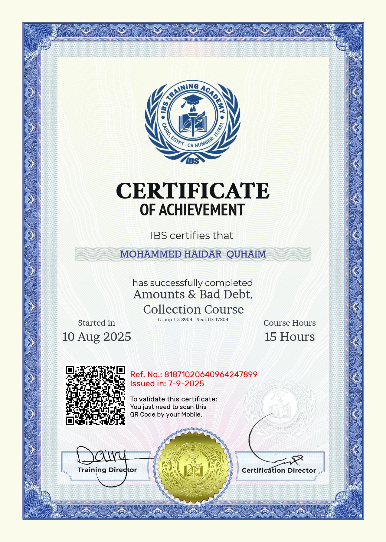 Mohammed Haidar  Quhaim's Certificate