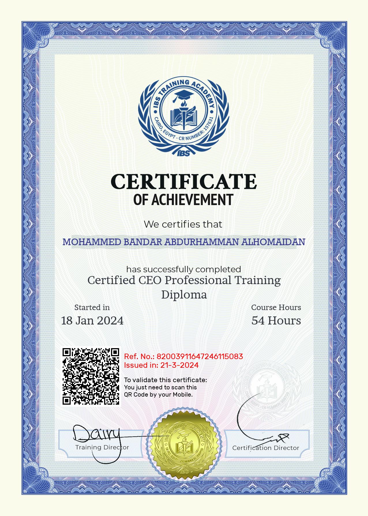 MOHAMMED BANDAR ABDURHAMMAN ALHOMAIDAN's Certificate